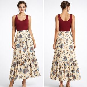 🎉HP Nwt Elie Tahari Sunlit Garden Maxi Floral Tiered Skirt Cotton Nylon Spandex